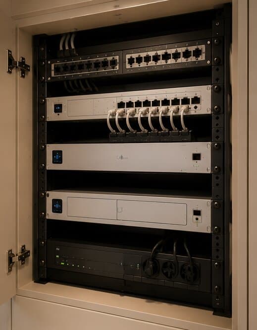 Netværksrack med switche og patchpaneler